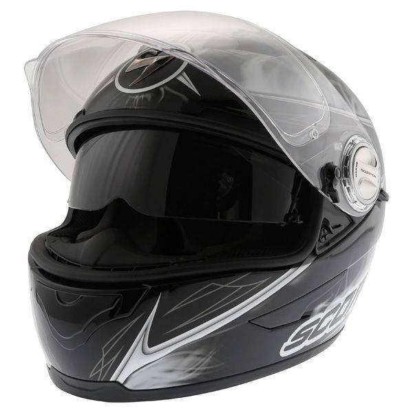 Scorpion Exo 500 Shadows Black White Helmet Open With Sun Visor                                                                                                                                                                                                