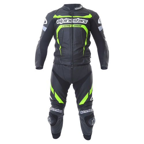 Alpinestars Claw 2pc Mens Black Green Leather Motorcycle Suit Front                                                                                                                                                                                            