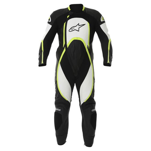 Alpinestars Orbiter Mens Black White Yellow Leather Motorcycle Suit Front                                                                                                                                                                                      