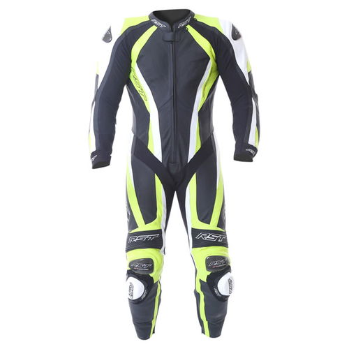 RST Pro Series Cpxc 1033 Mens Black Fluo Green White Leather Motorcycle Suit Front                                                                                                                                                                             