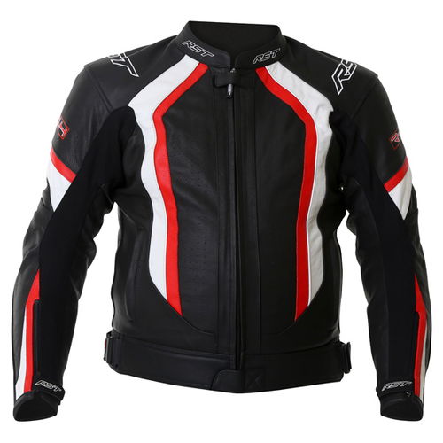 RST R-14 1088 Black Red White Leather Motorcycle Jacket Front                                                                                                                                                                                                  