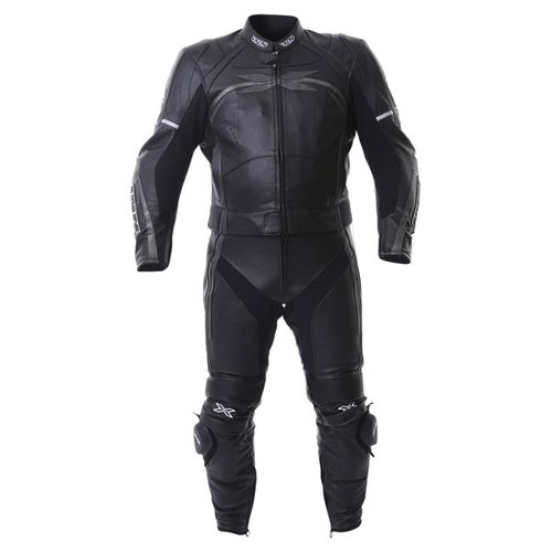 IXS Camaro 2pc Mens Black Titan Silver Leather Motorcycle Suit Front                                                                                                                                                                                           