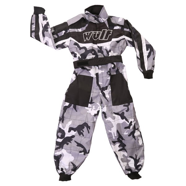 Wulfsport Cub Grey Camo Race Suit Front                                                                                                                                                                                                                        