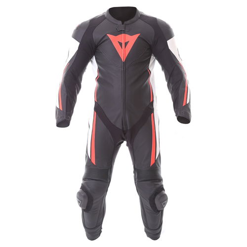 Dainese Assen 1pc Perf Mens Black White Red Leather Motorcycle Suit Front                                                                                                                                                                                      