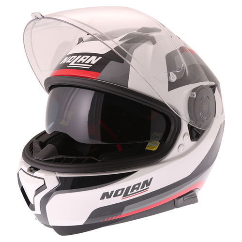 Nolan N87 Arkad N-Com 43 White Red Full Face Motorcycle Helmet Open With Sun Visor                                                                                                                                                                             