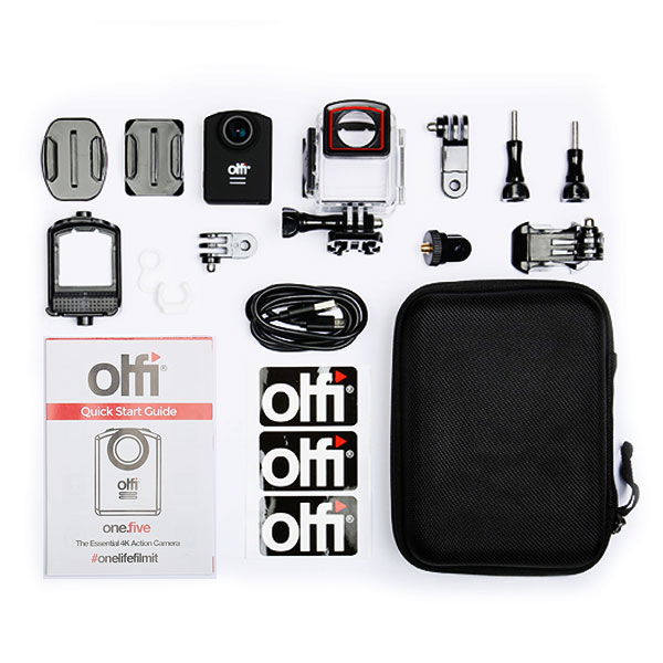 Olfi One Five 4K HDR Action Camera Pack Contents                                                                                                                                                                                                               