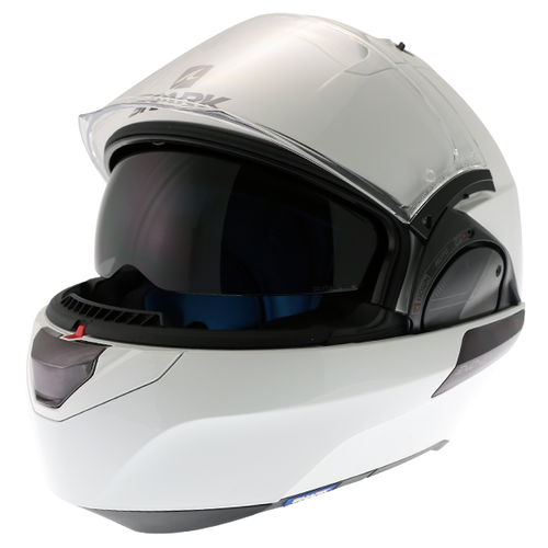 Shark Evo-One 2 White Flip Front Motorcycle Helmet Open with sun visor                                                                                                                                                                                         