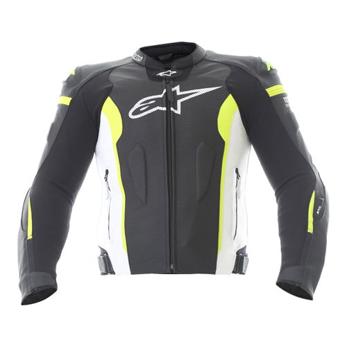 Alpinestars Missile Tech Air Black White Fluo Yellow Leather Motorcycle Jacket Front                                                                                                                                                                           