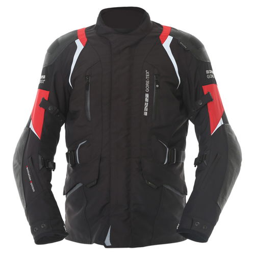 IXS Calgary Mens Goretex Black Red Waterproof Textile Motorcycle Jacket Front                                                                                                                                                                                  