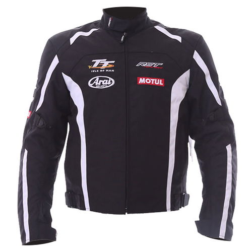 RST IOM TT Team CE Black White Textile Motorcycle Jacket Front                                                                                                                                                                                                 