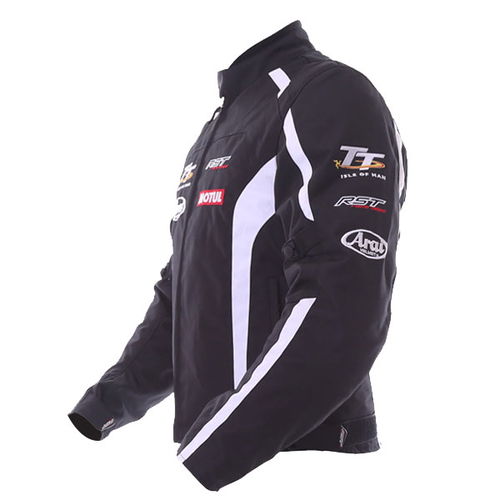 RST IOM TT Team CE Black White Textile Motorcycle Jacket Side                                                                                                                                                                                                  