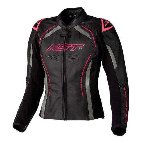 RST S1 CE Ladies Leather Jacket Black Neon Pink