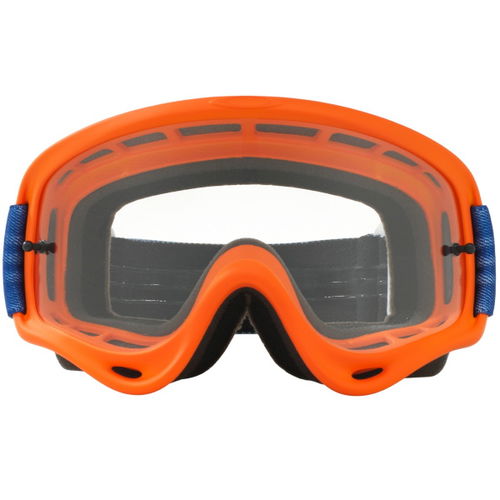 Oakley O Frame Shockwave Orange Blue Clear Lens MX Goggles Front                                                                                                                                                                                               
