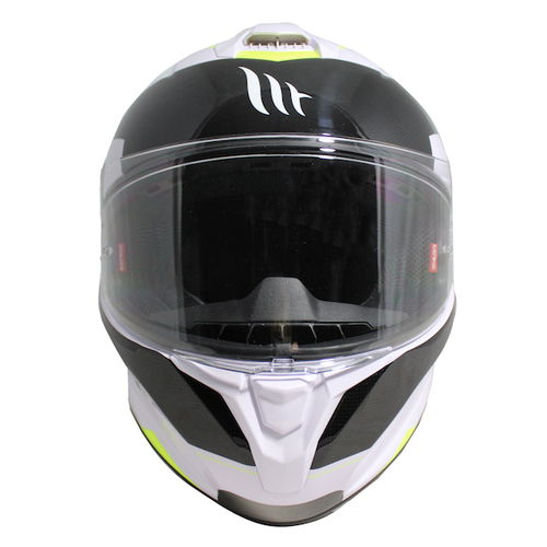 MT Targo Enjoy White Black Flu Yellow Full Face Motorcycle Helmet Front                                                                                                                                                                                        