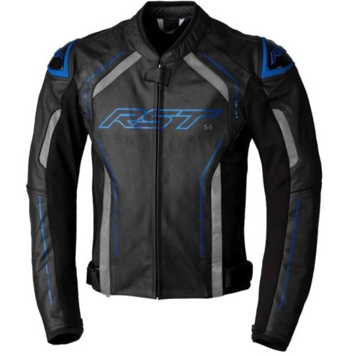 RST RST S1 CE Mens Leather Jacket Black Grey Neon Blue
