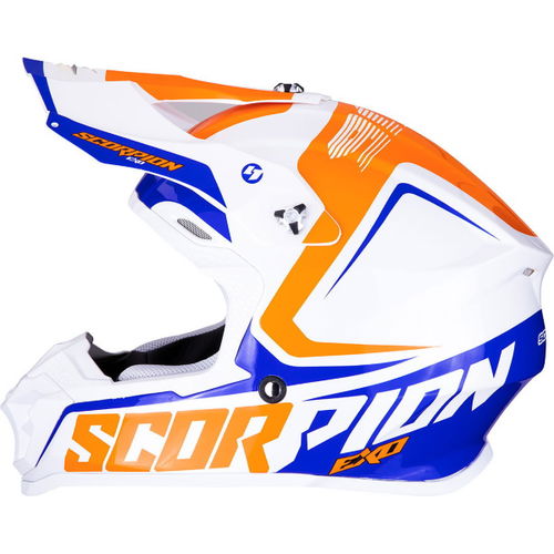 Scorpion VX-16 Air Ernee Blue White Orange Motocross Helmet Left Side                                                                                                                                                                                          