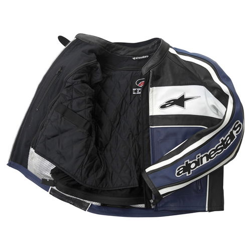 Alpinestars Dyno 2 Blue White Black Leather Retro Motorcycle Jacket Inside                                                                                                                                                                                     