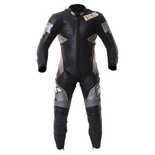 IXS Supermotard Mens Black Gun Orange Leather Motorcycle Suit Front                                                                                                                                                                                            