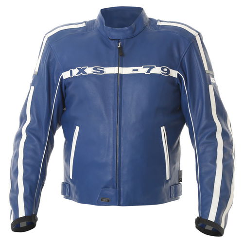 IXS Cornwall Blue Leather Motorcycle Jacket Front                                                                                                                                                                                                              