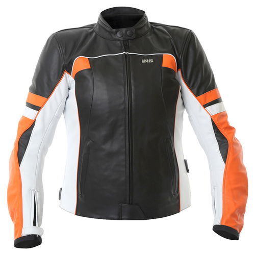 IXS Lara Black White Orange Ladies Leather Motorcycle Jacket Front                                                                                                                                                                                             