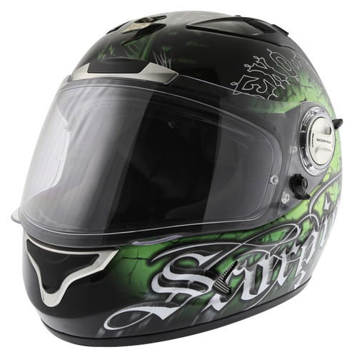Scorpion Exo 1000 Darkness Black Green Helmet Front Left                                                                                                                                                                                                       