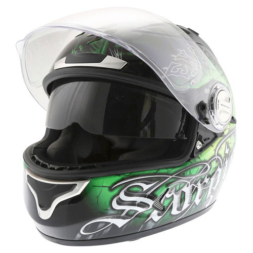 Scorpion Exo 1000 Darkness Black Green Helmet Open With Sun Visor                                                                                                                                                                                              
