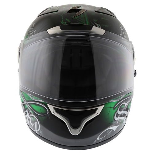 Scorpion Exo 1000 Darkness Black Green Helmet Front                                                                                                                                                                                                            