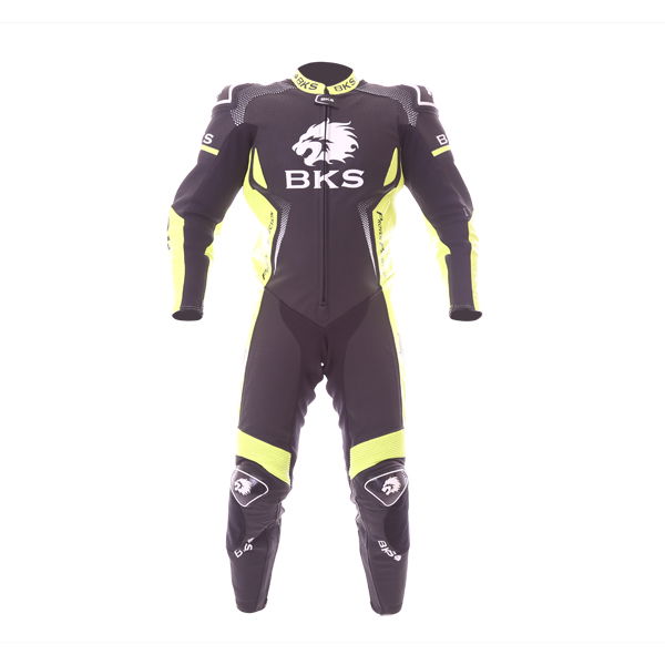 BKS Apex 1 Piece Black Fluo Yellow Leather Motorcycle Suit Front                                                                                                                                                                                               